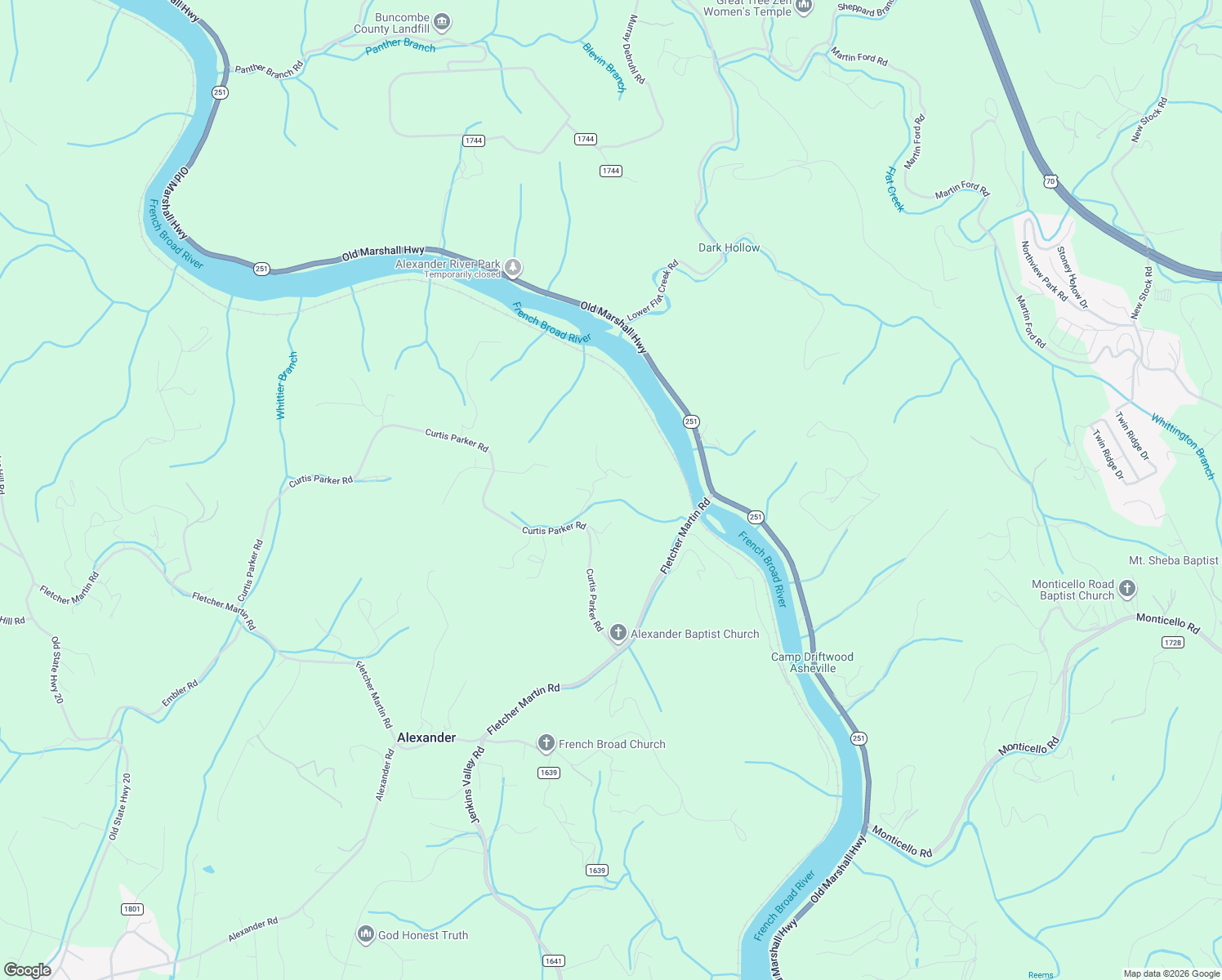 map of restaurants, bars, coffee shops, grocery stores, and more near 9 Mary Lane in Alexander