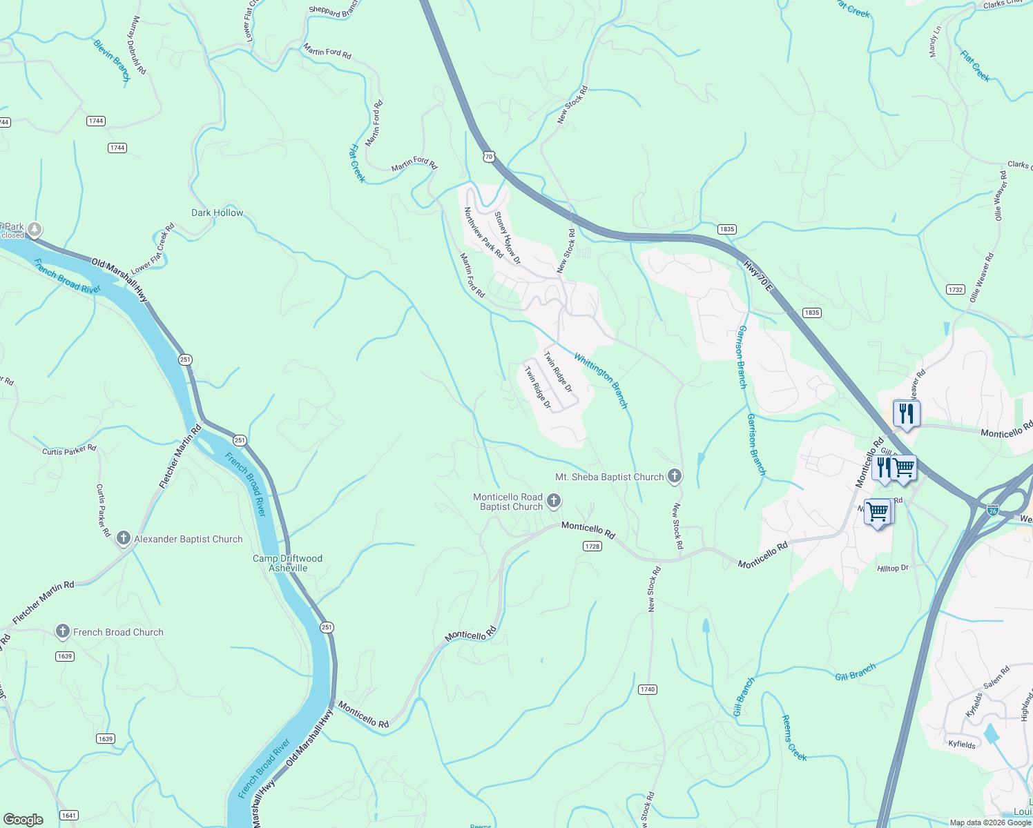 map of restaurants, bars, coffee shops, grocery stores, and more near 57 Twin Ridge Drive in Weaverville
