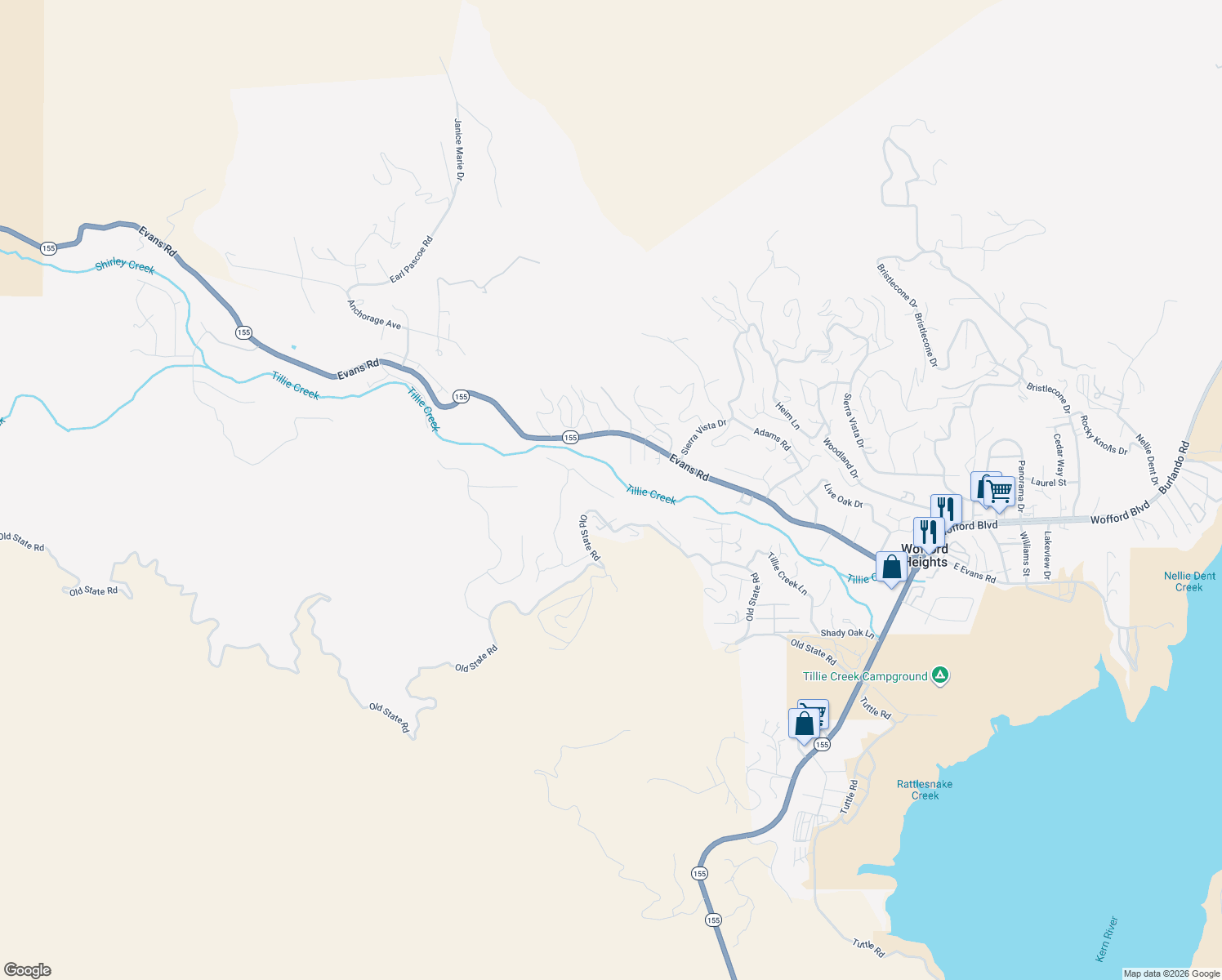 map of restaurants, bars, coffee shops, grocery stores, and more near 712 Old State Road in Wofford Heights