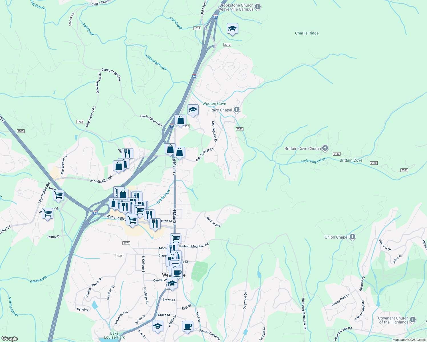 map of restaurants, bars, coffee shops, grocery stores, and more near 7 Leisure Lane in Weaverville