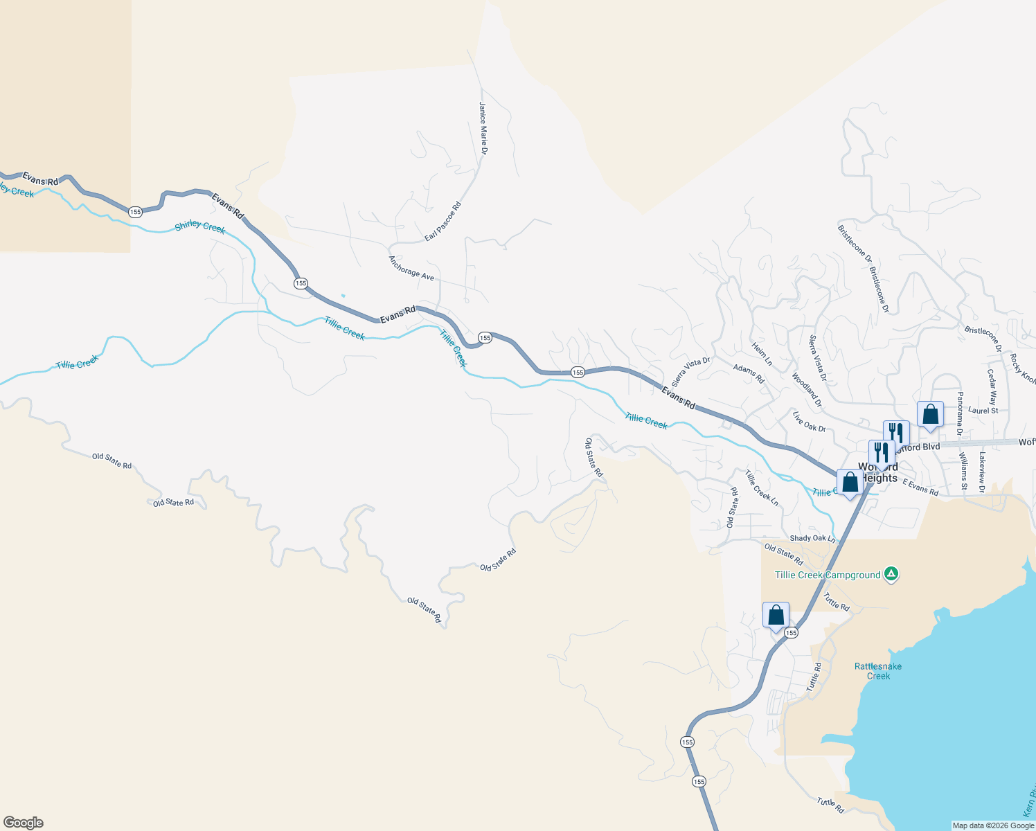 map of restaurants, bars, coffee shops, grocery stores, and more near Fire Breaks Access in Wofford Heights