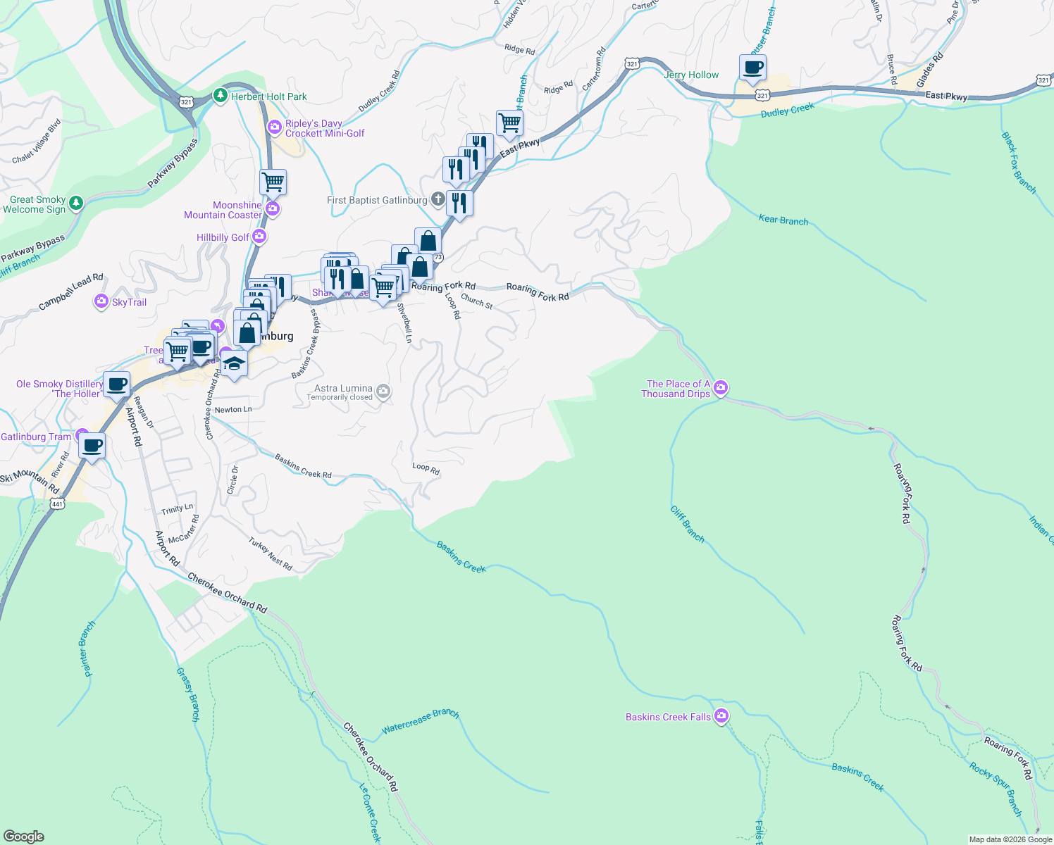 map of restaurants, bars, coffee shops, grocery stores, and more near 207 Stone Fence Lane in Gatlinburg