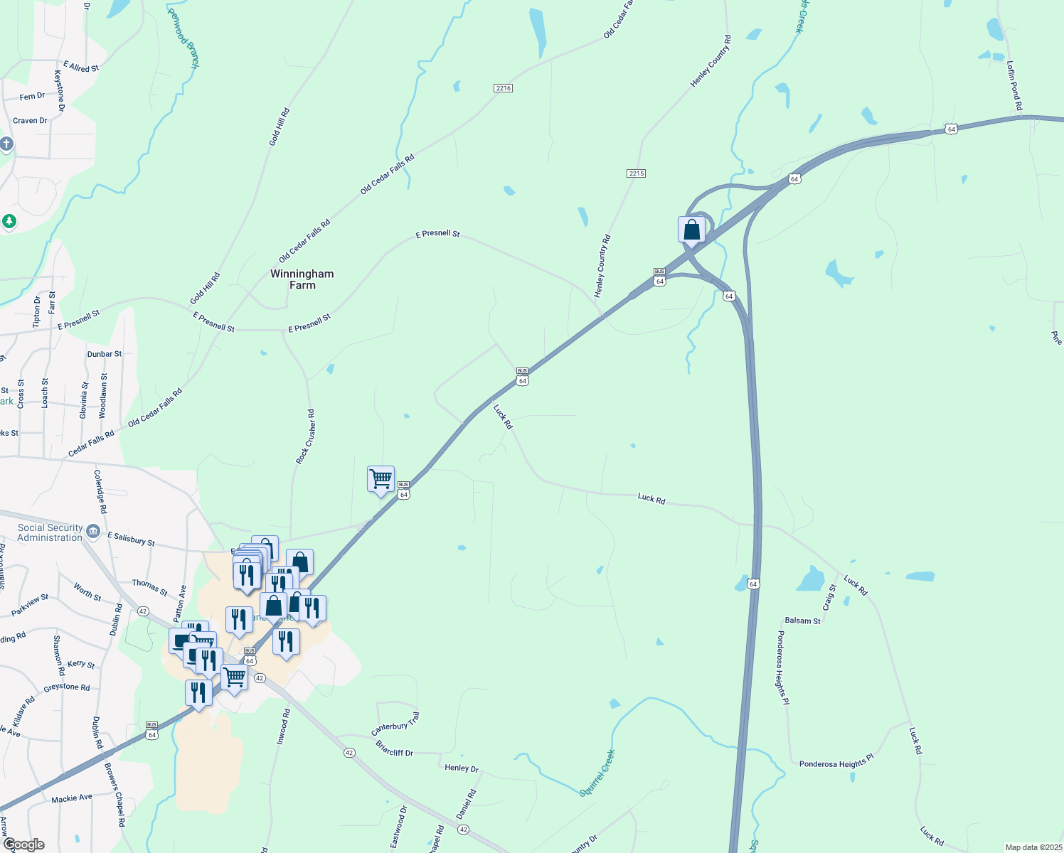 map of restaurants, bars, coffee shops, grocery stores, and more near 229 Luck Road in Asheboro