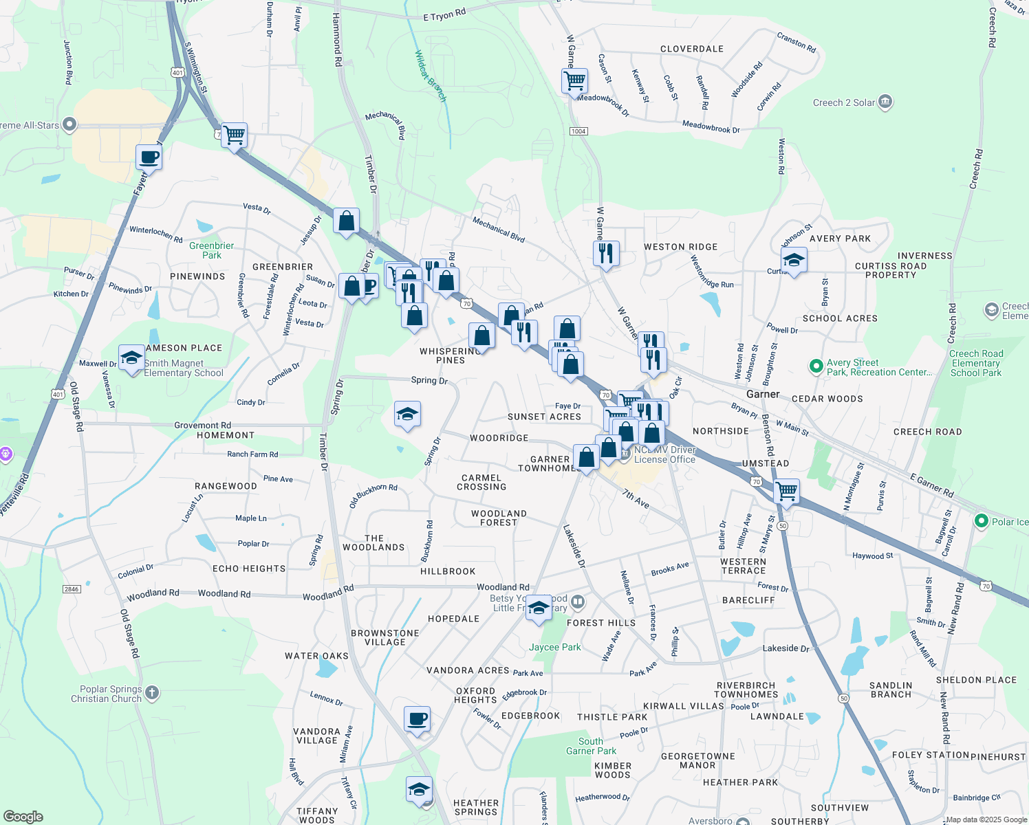 map of restaurants, bars, coffee shops, grocery stores, and more near 1700 Foxwood Drive in Garner