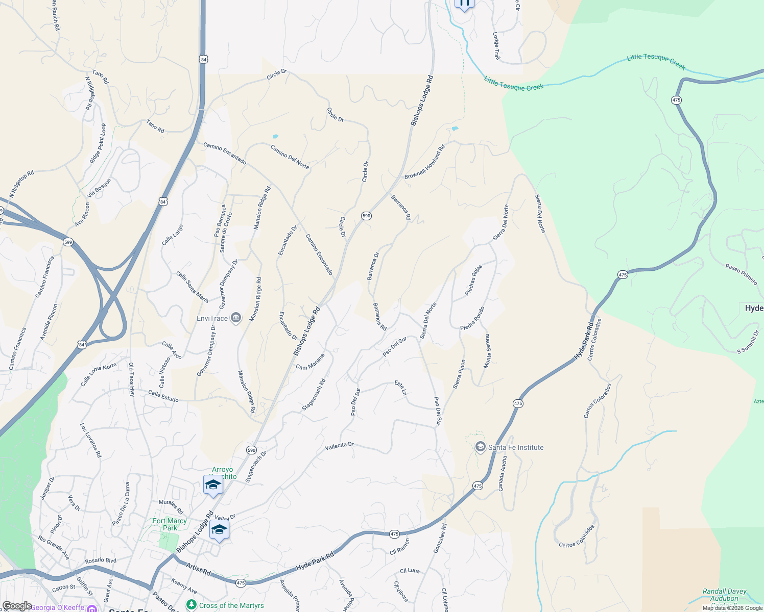 map of restaurants, bars, coffee shops, grocery stores, and more near 127 Barranca Road in Santa Fe