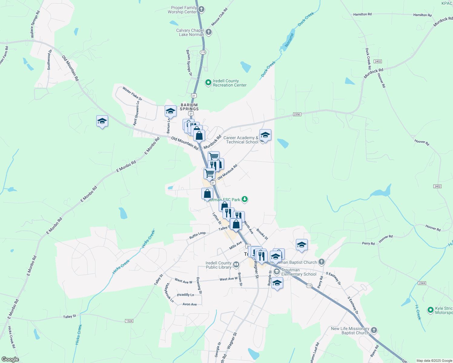map of restaurants, bars, coffee shops, grocery stores, and more near 117 Sherrills Court in Troutman
