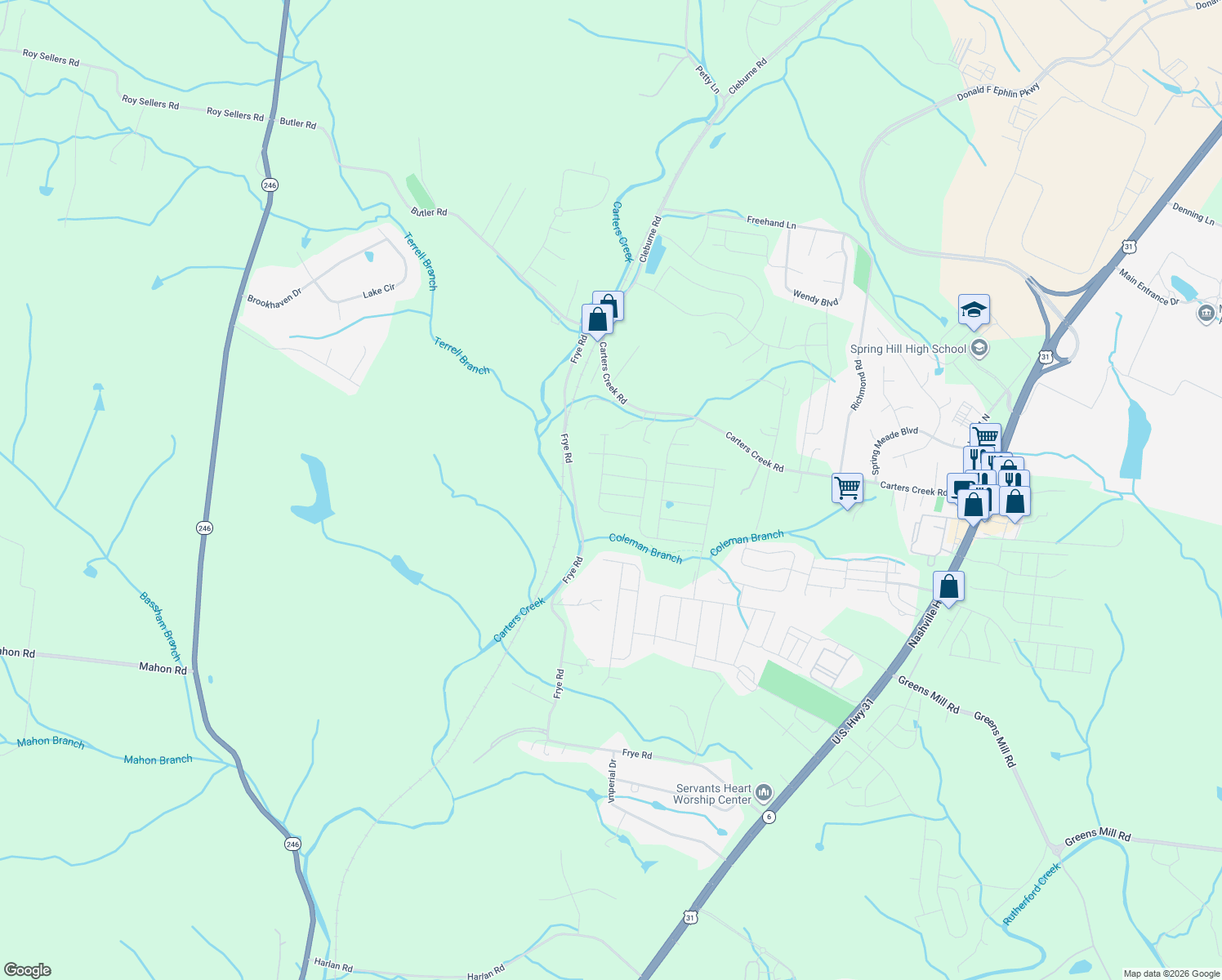 map of restaurants, bars, coffee shops, grocery stores, and more near 2933 Carters Creek Station Road in Columbia