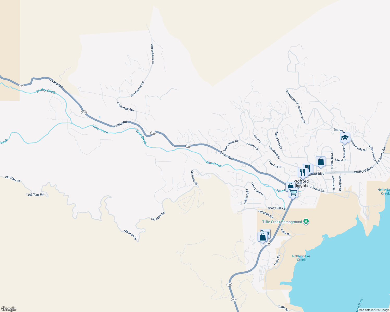 map of restaurants, bars, coffee shops, grocery stores, and more near 481 Mountain Shadow Road in Wofford Heights