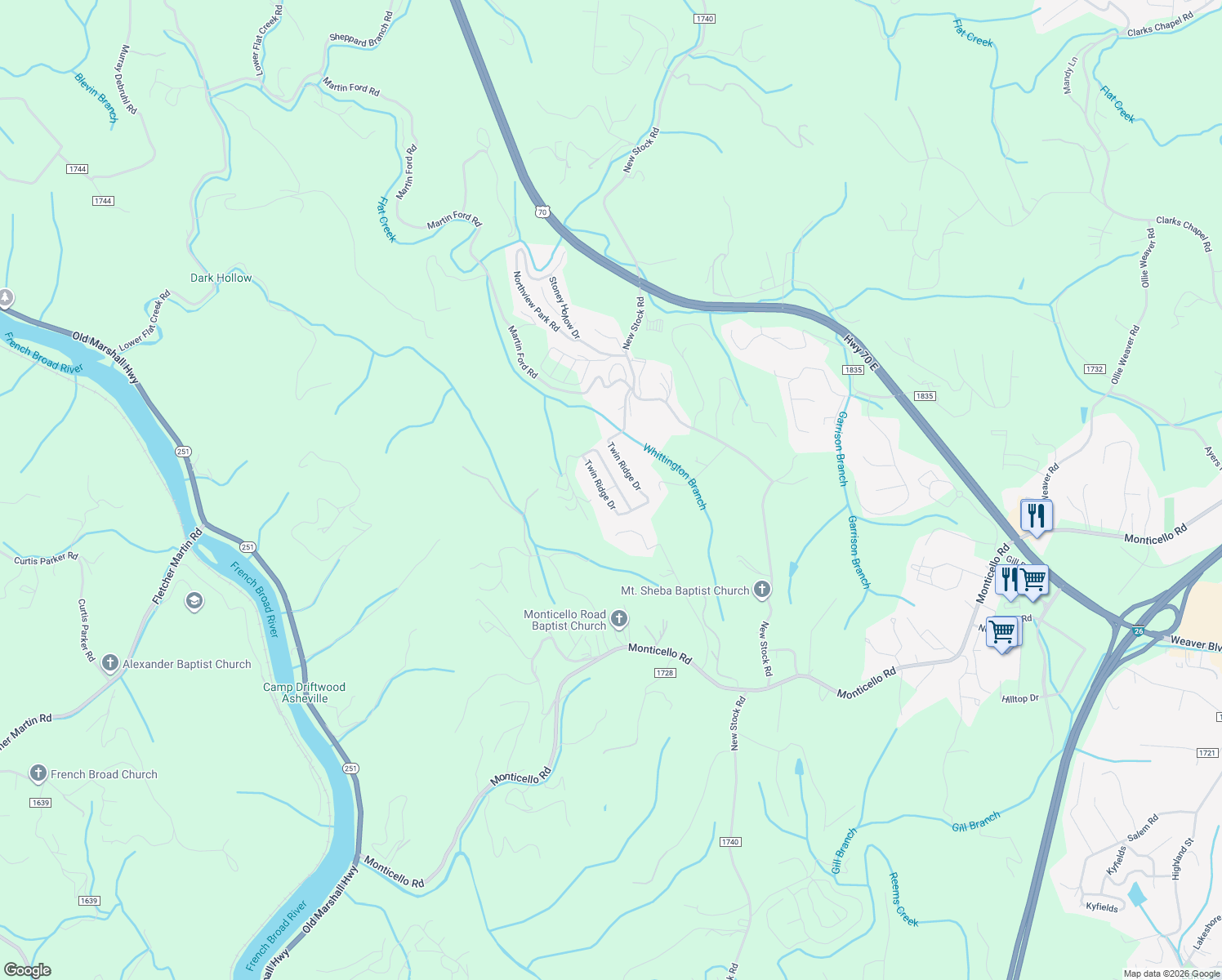 map of restaurants, bars, coffee shops, grocery stores, and more near 31 Twin Ridge Drive in Weaverville