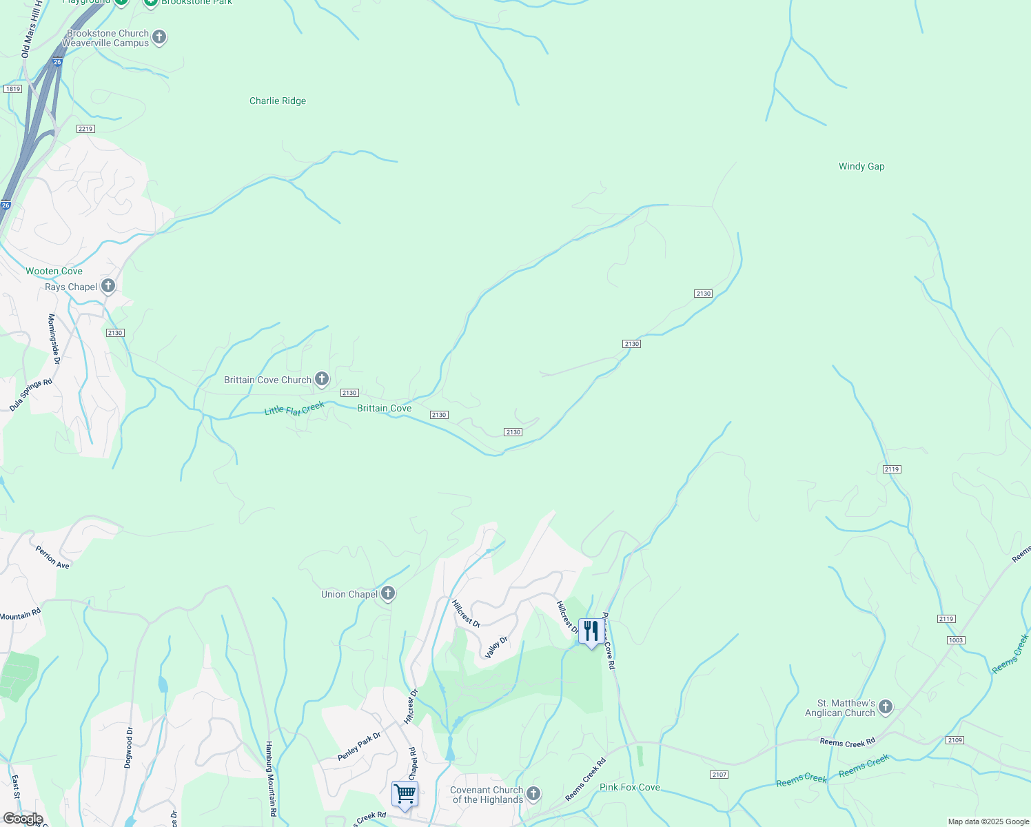 map of restaurants, bars, coffee shops, grocery stores, and more near 420 Dula Springs Road in Weaverville