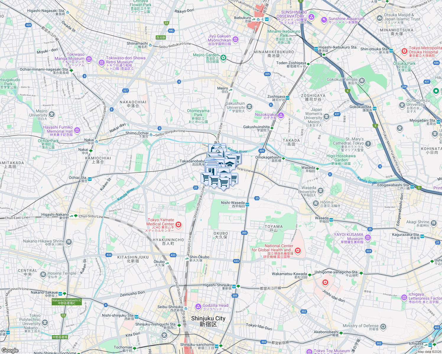 map of restaurants, bars, coffee shops, grocery stores, and more near in Shinjuku City