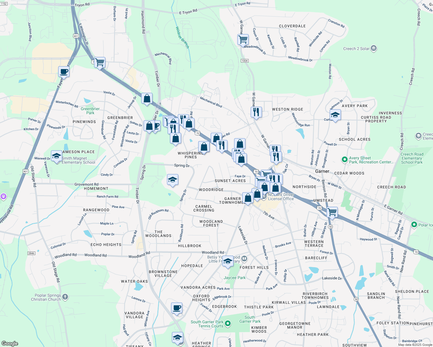map of restaurants, bars, coffee shops, grocery stores, and more near 1706 Foxwood Drive in Garner