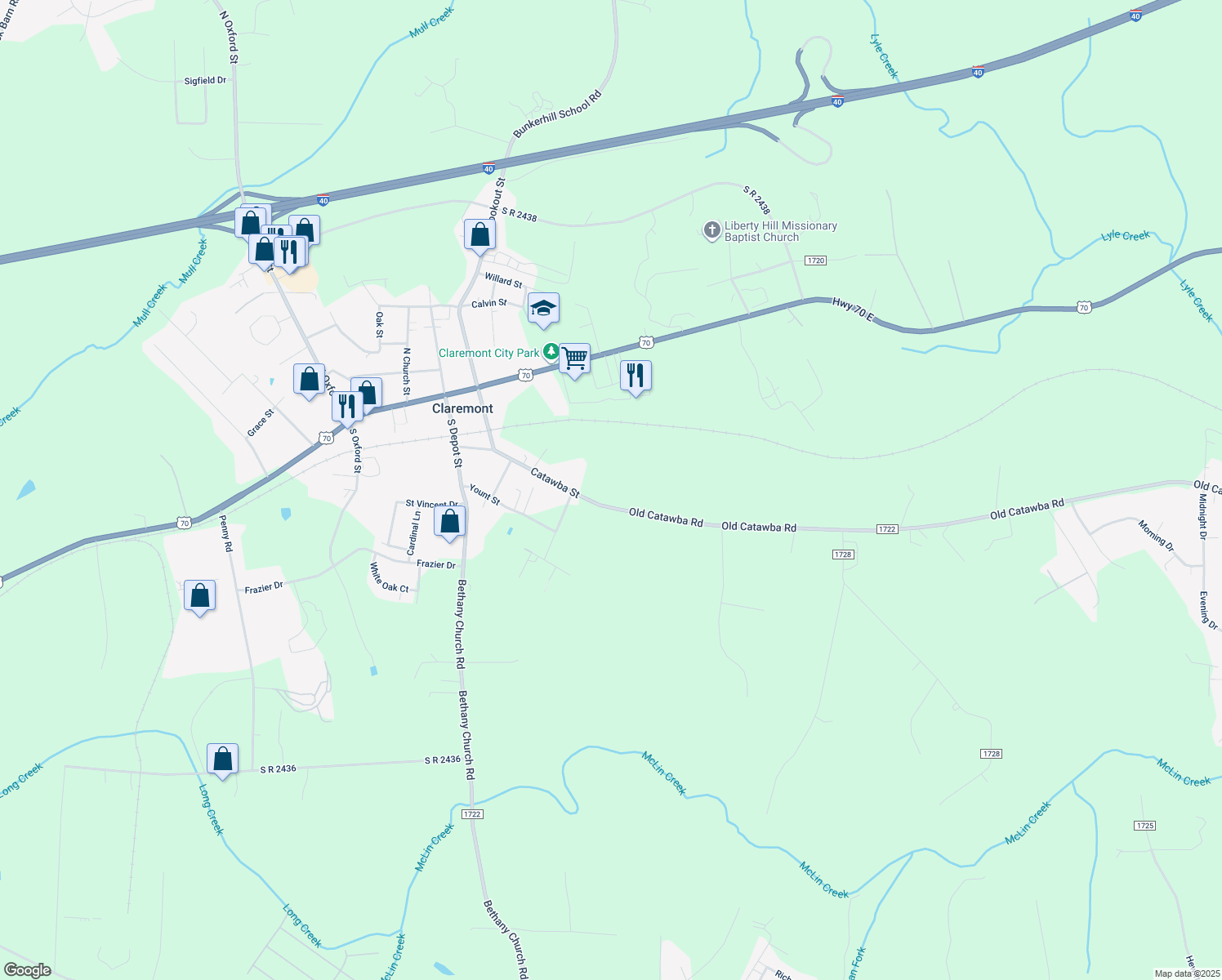 map of restaurants, bars, coffee shops, grocery stores, and more near 3280 Catawba Street in Claremont