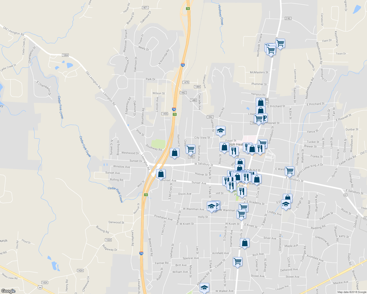 map of restaurants, bars, coffee shops, grocery stores, and more near 327 Chestnut Street in Asheboro