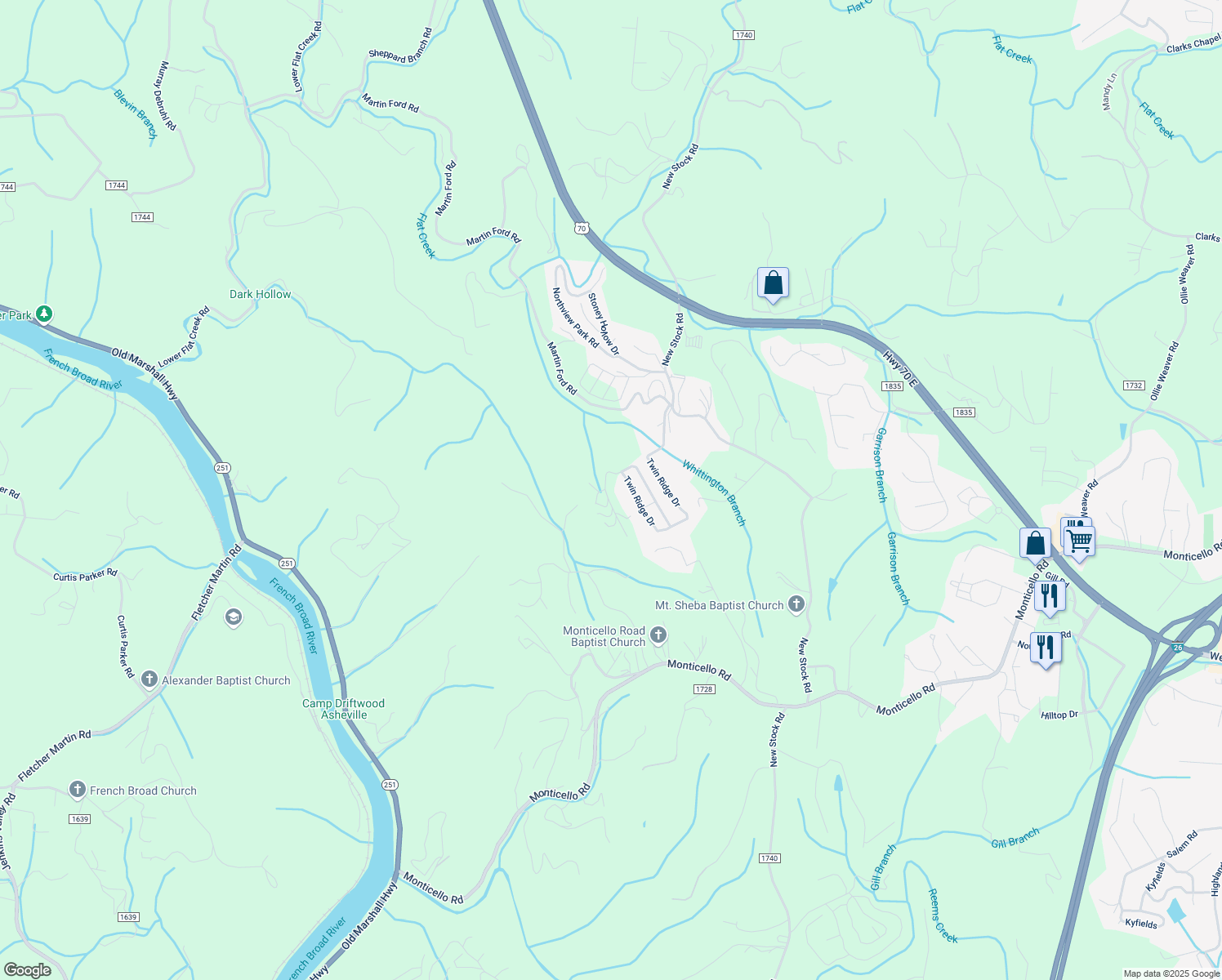 map of restaurants, bars, coffee shops, grocery stores, and more near 40 Twin Ridge Drive in Weaverville