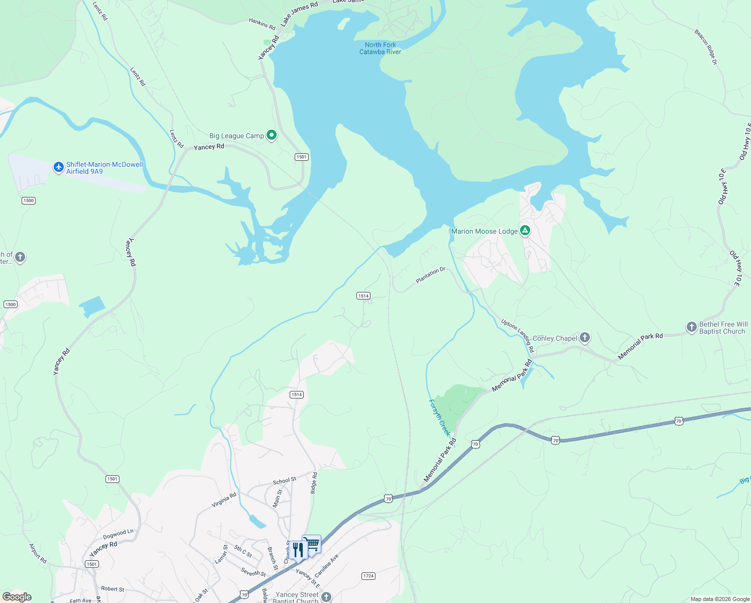 map of restaurants, bars, coffee shops, grocery stores, and more near 94 Ridge Way in Marion