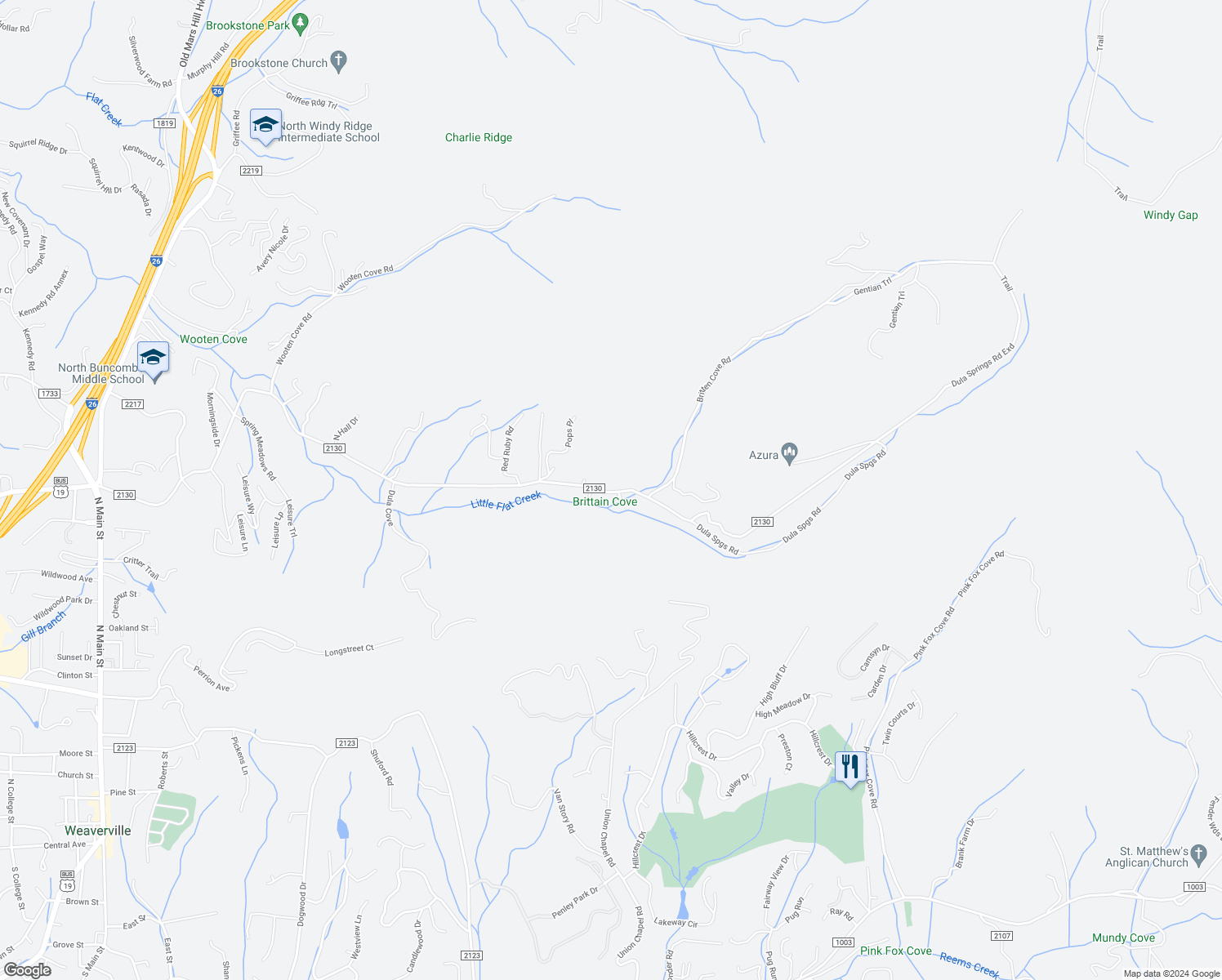 map of restaurants, bars, coffee shops, grocery stores, and more near 360 Dula Springs Road in Weaverville