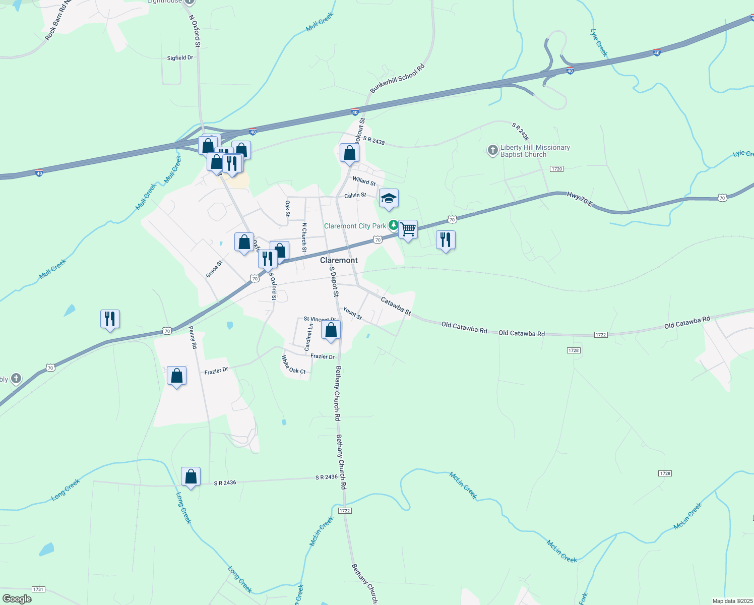 map of restaurants, bars, coffee shops, grocery stores, and more near 3155 Catawba Street in Claremont