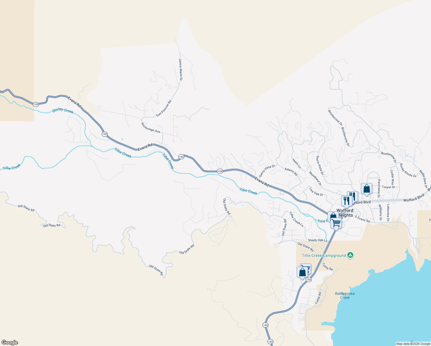 map of restaurants, bars, coffee shops, grocery stores, and more near 1246 Evans Road in Wofford Heights