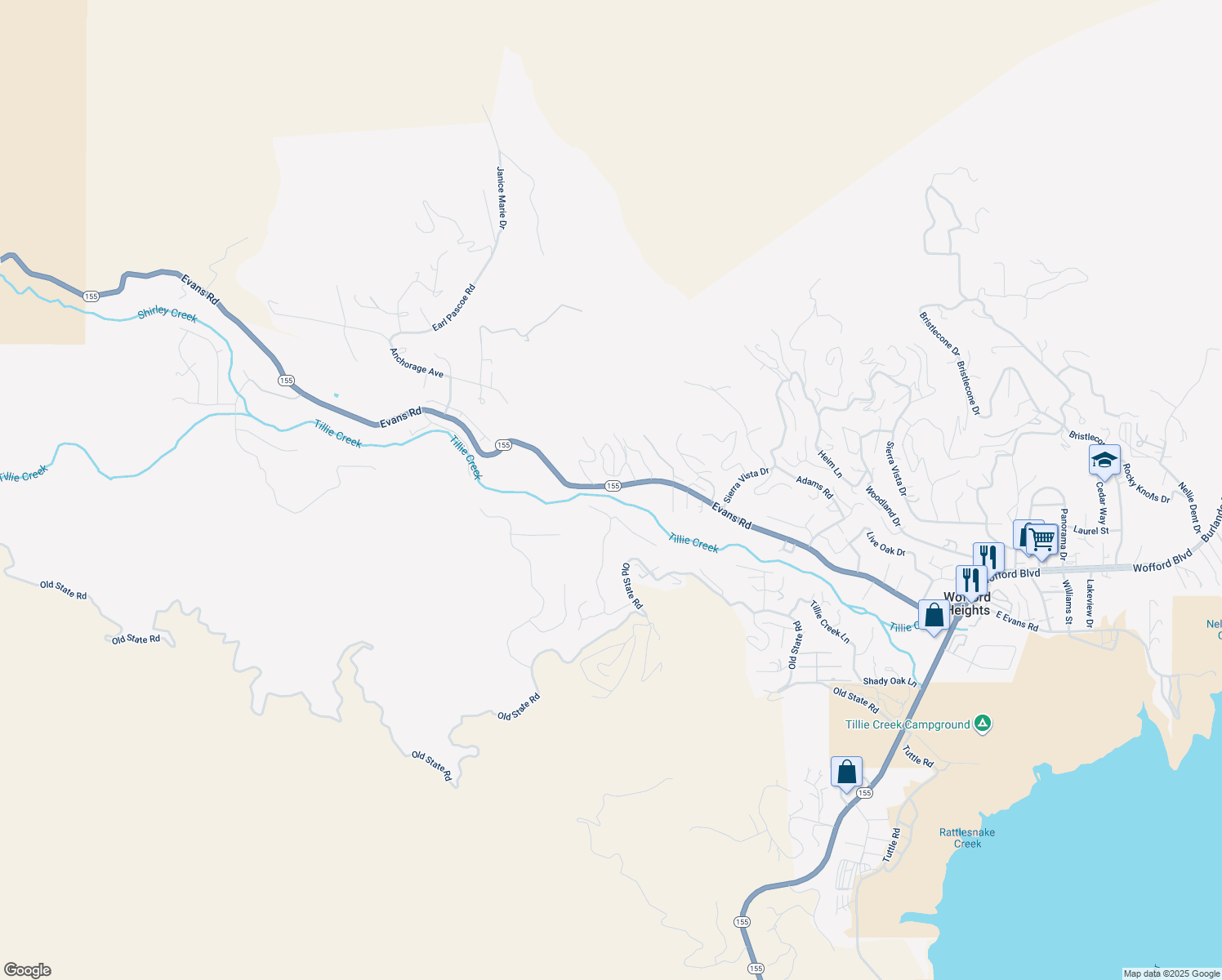 map of restaurants, bars, coffee shops, grocery stores, and more near 1185 Evans Road in Wofford Heights