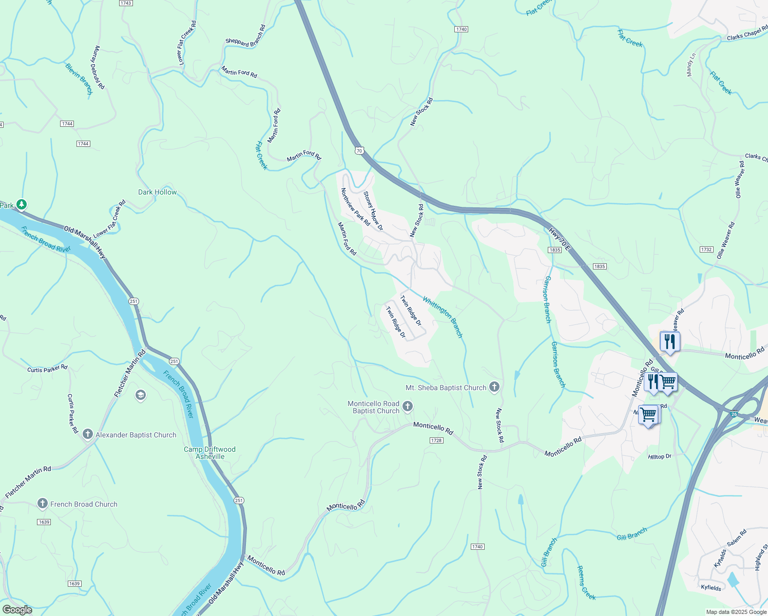 map of restaurants, bars, coffee shops, grocery stores, and more near 40 Twin Ridge Drive in Weaverville