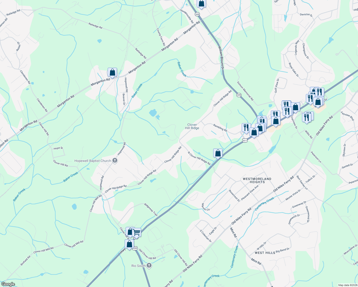 map of restaurants, bars, coffee shops, grocery stores, and more near 3001 Clover Hill Ridge Road in Maryville