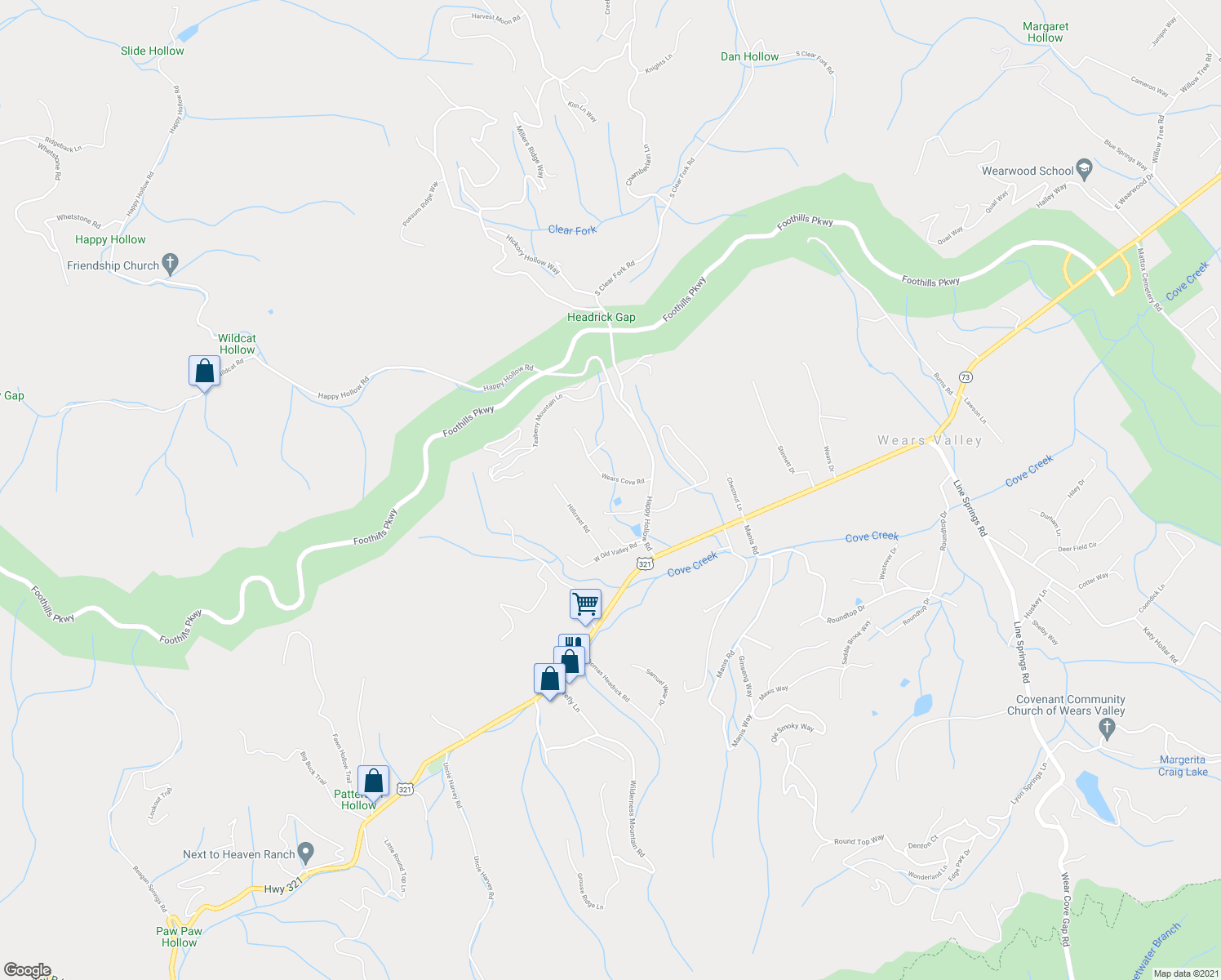 map of restaurants, bars, coffee shops, grocery stores, and more near 4044 Wears Cove Road in Sevierville