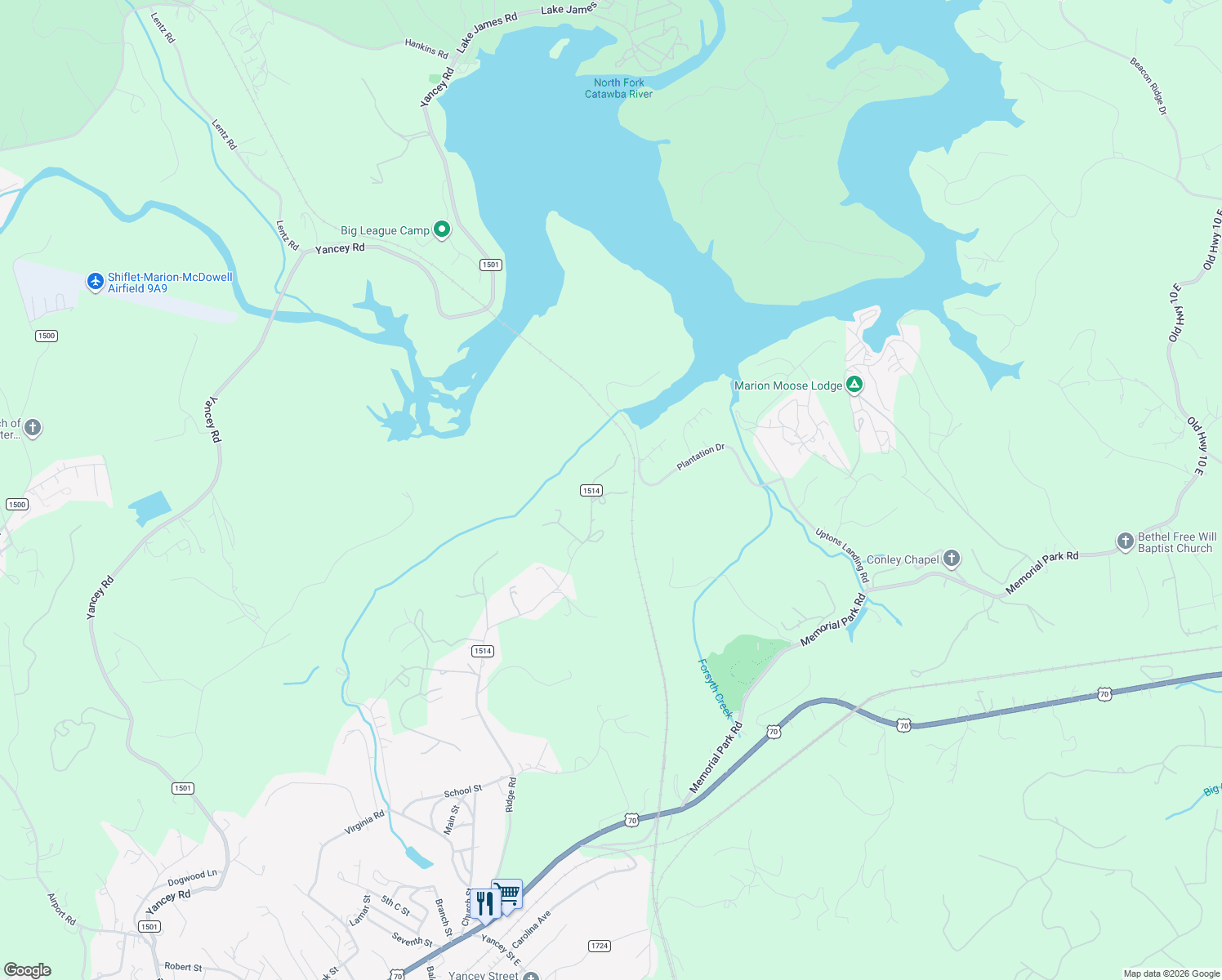 map of restaurants, bars, coffee shops, grocery stores, and more near 94 Ridge Way in Marion