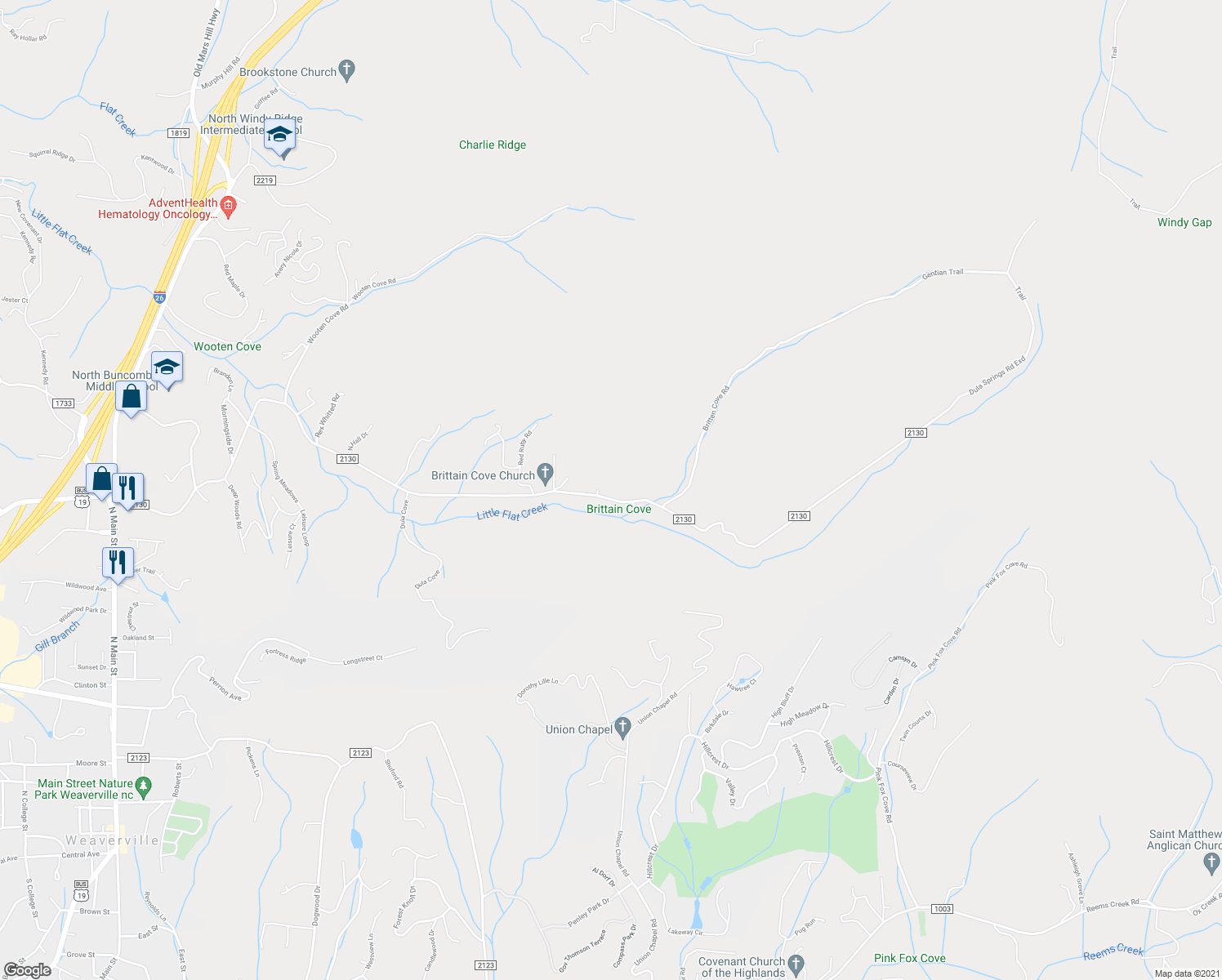 map of restaurants, bars, coffee shops, grocery stores, and more near 354 Dula Springs Road in Weaverville
