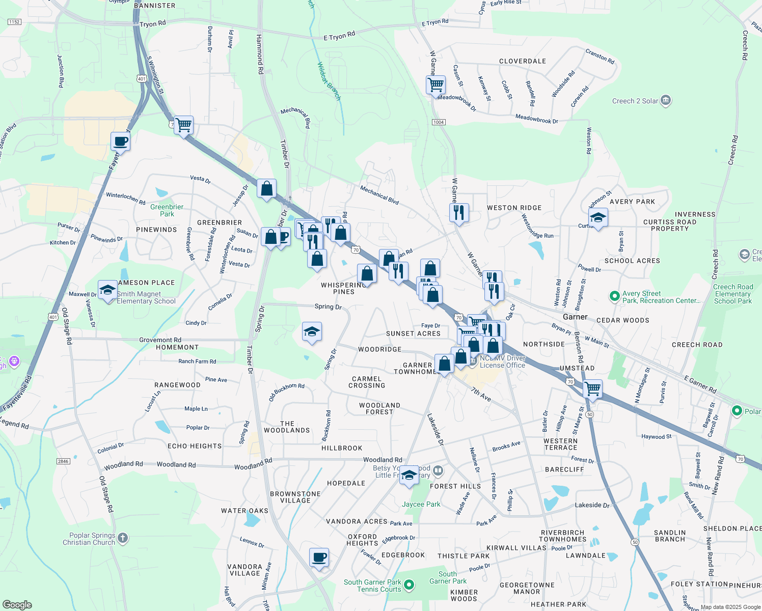 map of restaurants, bars, coffee shops, grocery stores, and more near 1716 Foxwood Drive in Garner