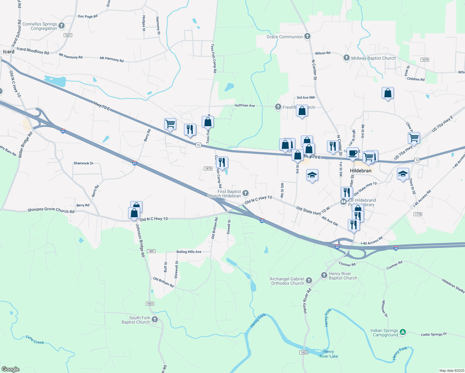 map of restaurants, bars, coffee shops, grocery stores, and more near 8640 Sparrow Trail in Hildebran