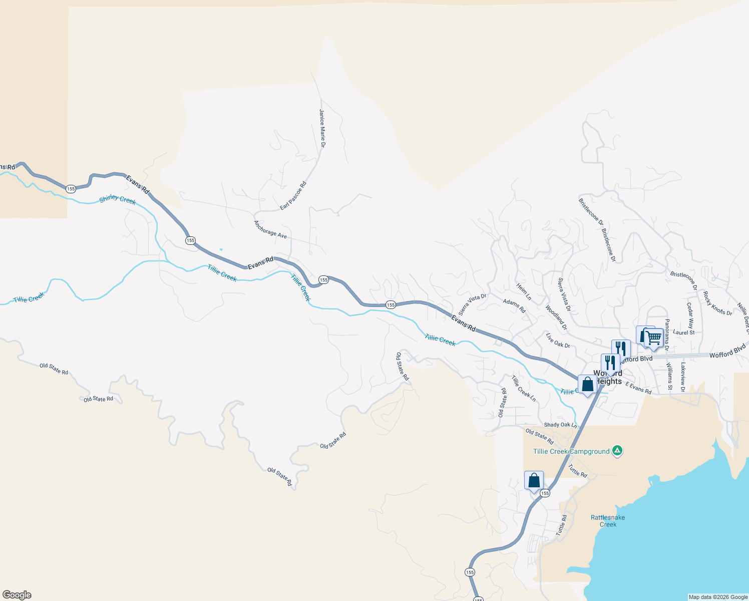 map of restaurants, bars, coffee shops, grocery stores, and more near 1246 Evans Road in Wofford Heights