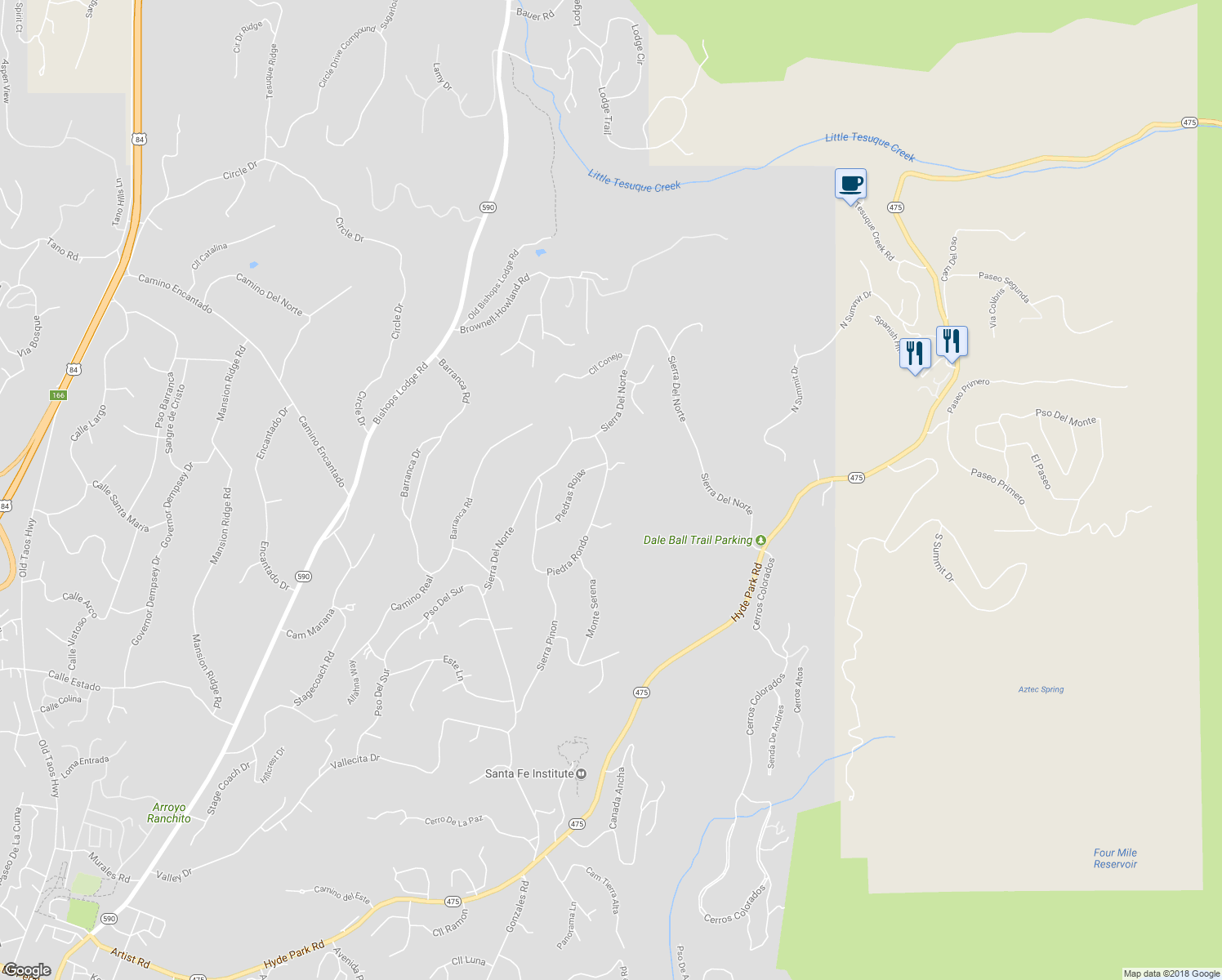 map of restaurants, bars, coffee shops, grocery stores, and more near 1130 Piedra Rondo in Santa Fe