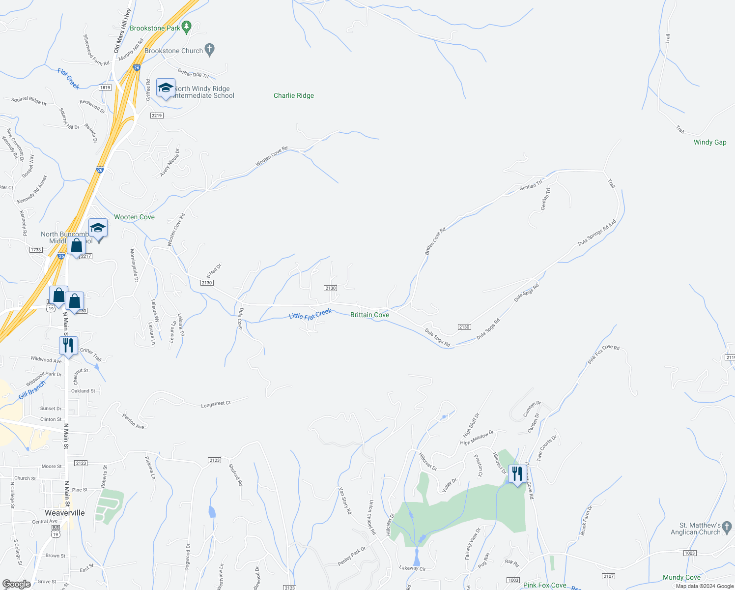 map of restaurants, bars, coffee shops, grocery stores, and more near 352 Dula Springs Road in Weaverville
