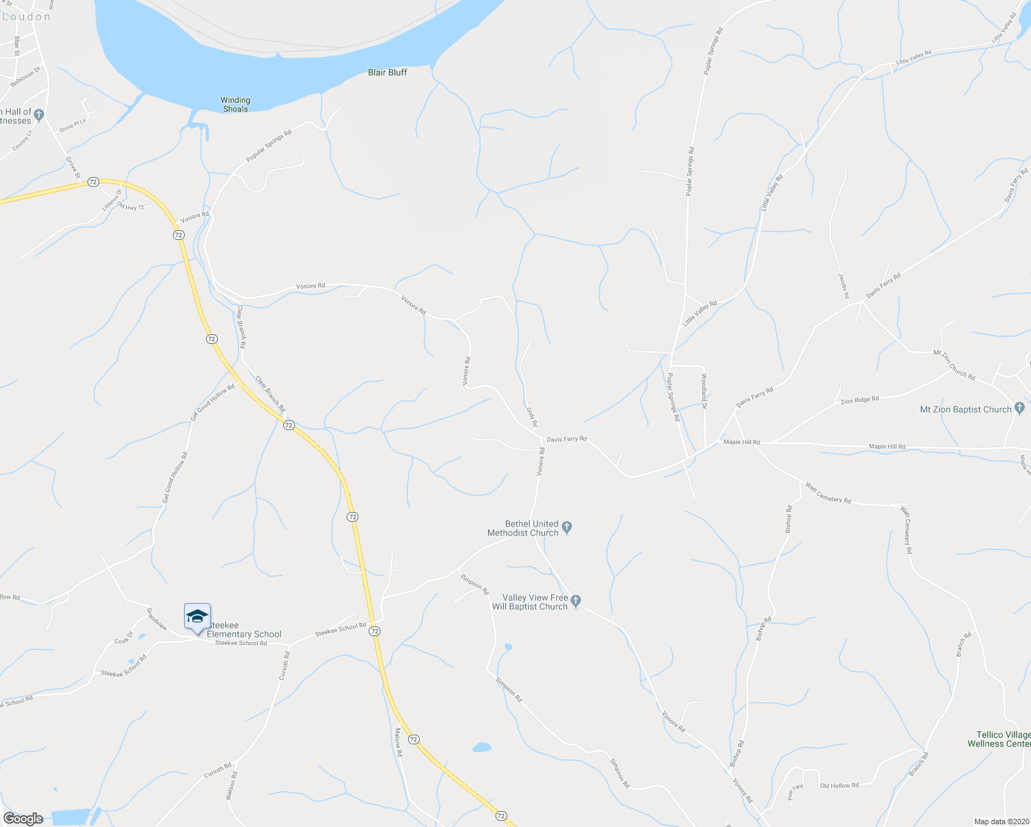 map of restaurants, bars, coffee shops, grocery stores, and more near 17703 Vonore Road in Loudon