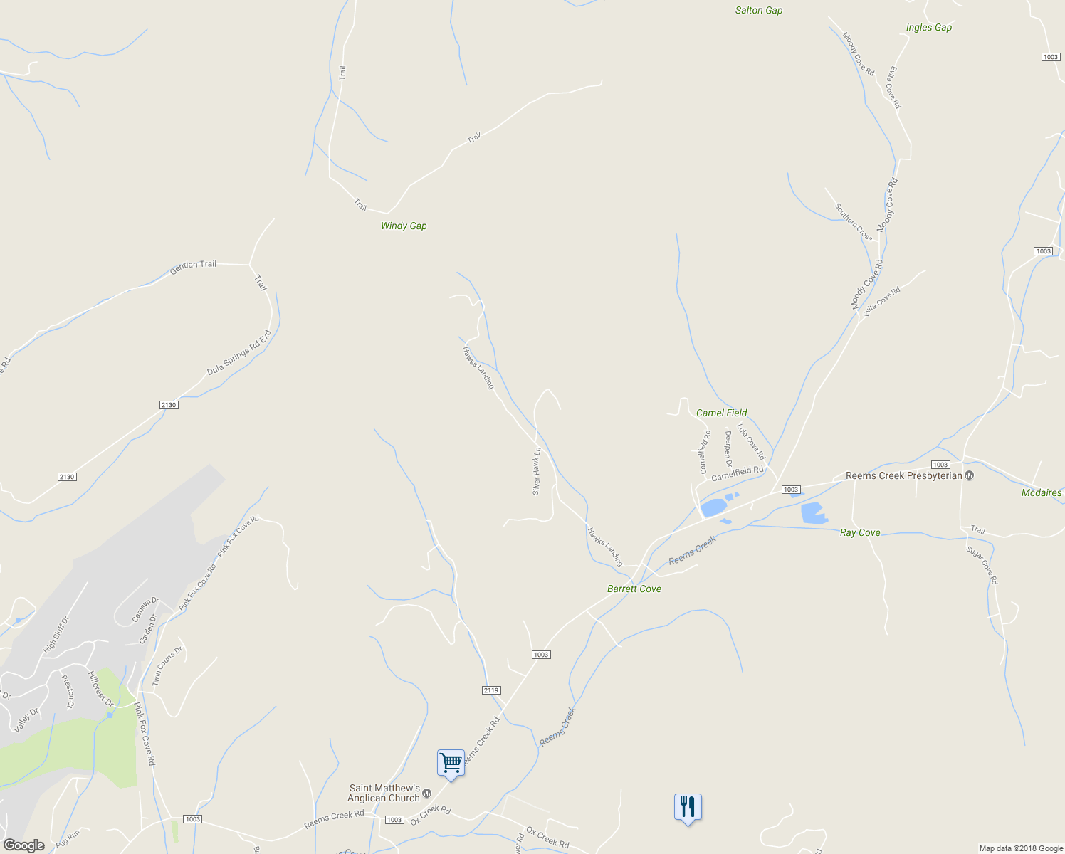 map of restaurants, bars, coffee shops, grocery stores, and more near 18 Hawks Pointe Lane in Weaverville