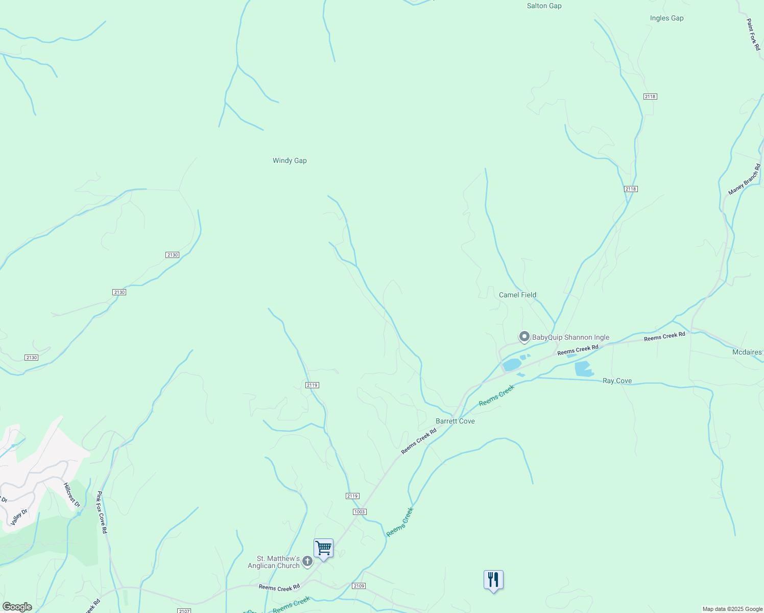 map of restaurants, bars, coffee shops, grocery stores, and more near 18 Hawks Pointe Lane in Weaverville