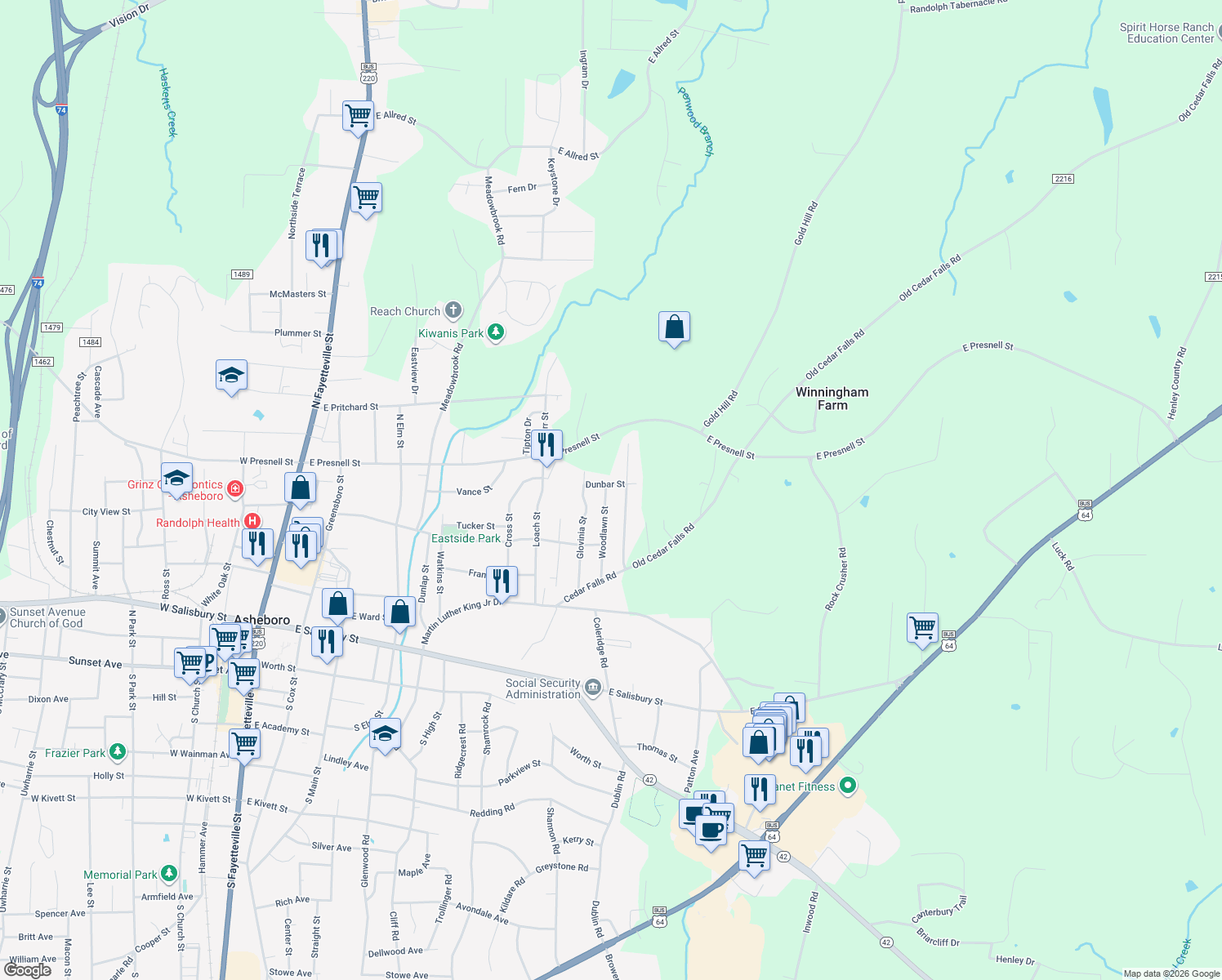 map of restaurants, bars, coffee shops, grocery stores, and more near 580 Woodlawn Street in Asheboro