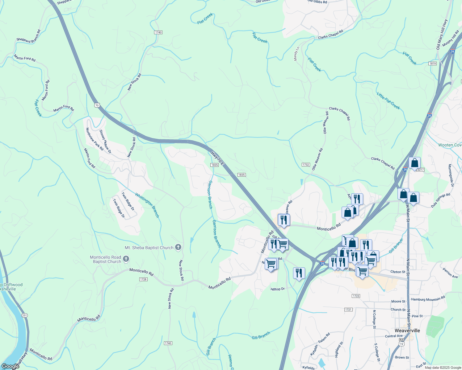 map of restaurants, bars, coffee shops, grocery stores, and more near 14 Autumn Hills Dr in Weaverville