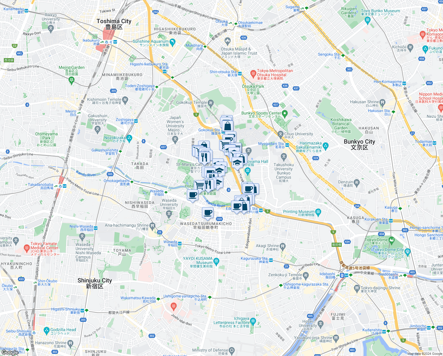 map of restaurants, bars, coffee shops, grocery stores, and more near in Bunkyo City