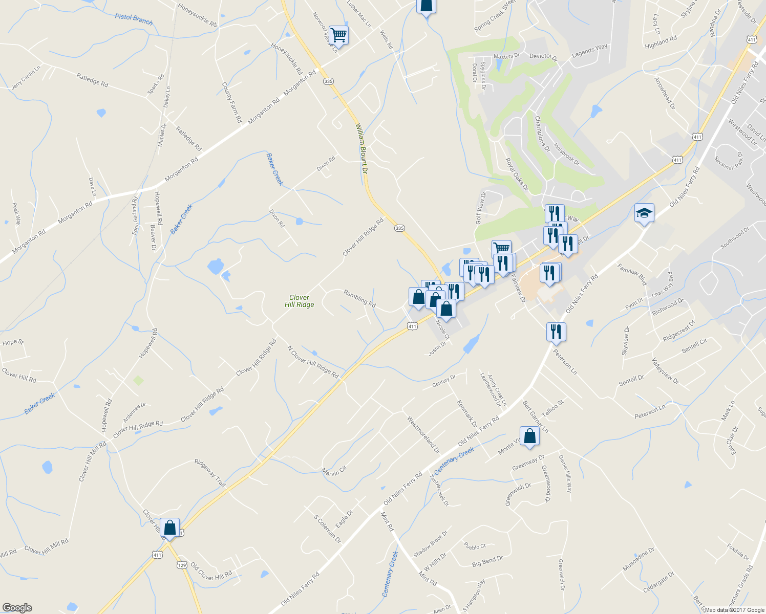 map of restaurants, bars, coffee shops, grocery stores, and more near 2821 Rambling Road in Maryville