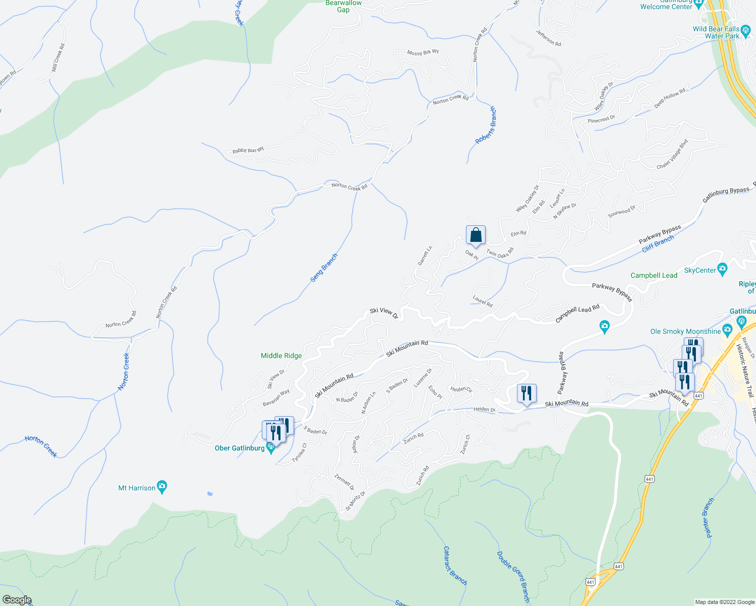map of restaurants, bars, coffee shops, grocery stores, and more near 1050 Ski View Drive in Gatlinburg