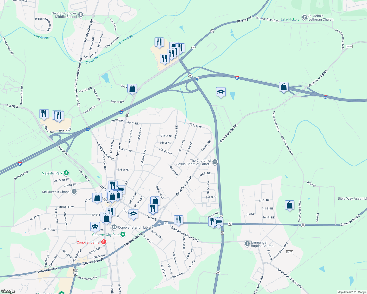 map of restaurants, bars, coffee shops, grocery stores, and more near 602 4th Ave NE in Conover