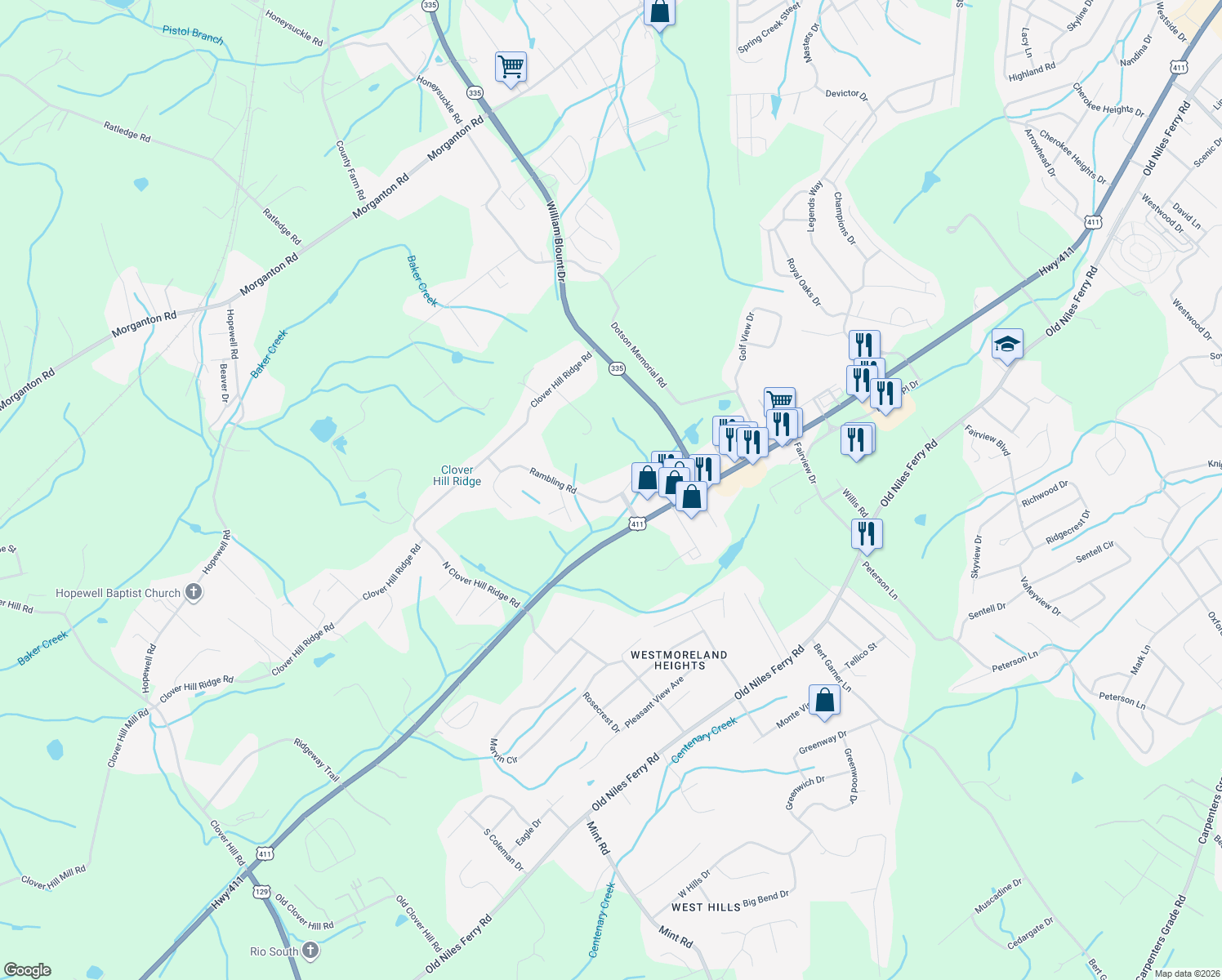 map of restaurants, bars, coffee shops, grocery stores, and more near 2803 Rambling Road in Maryville