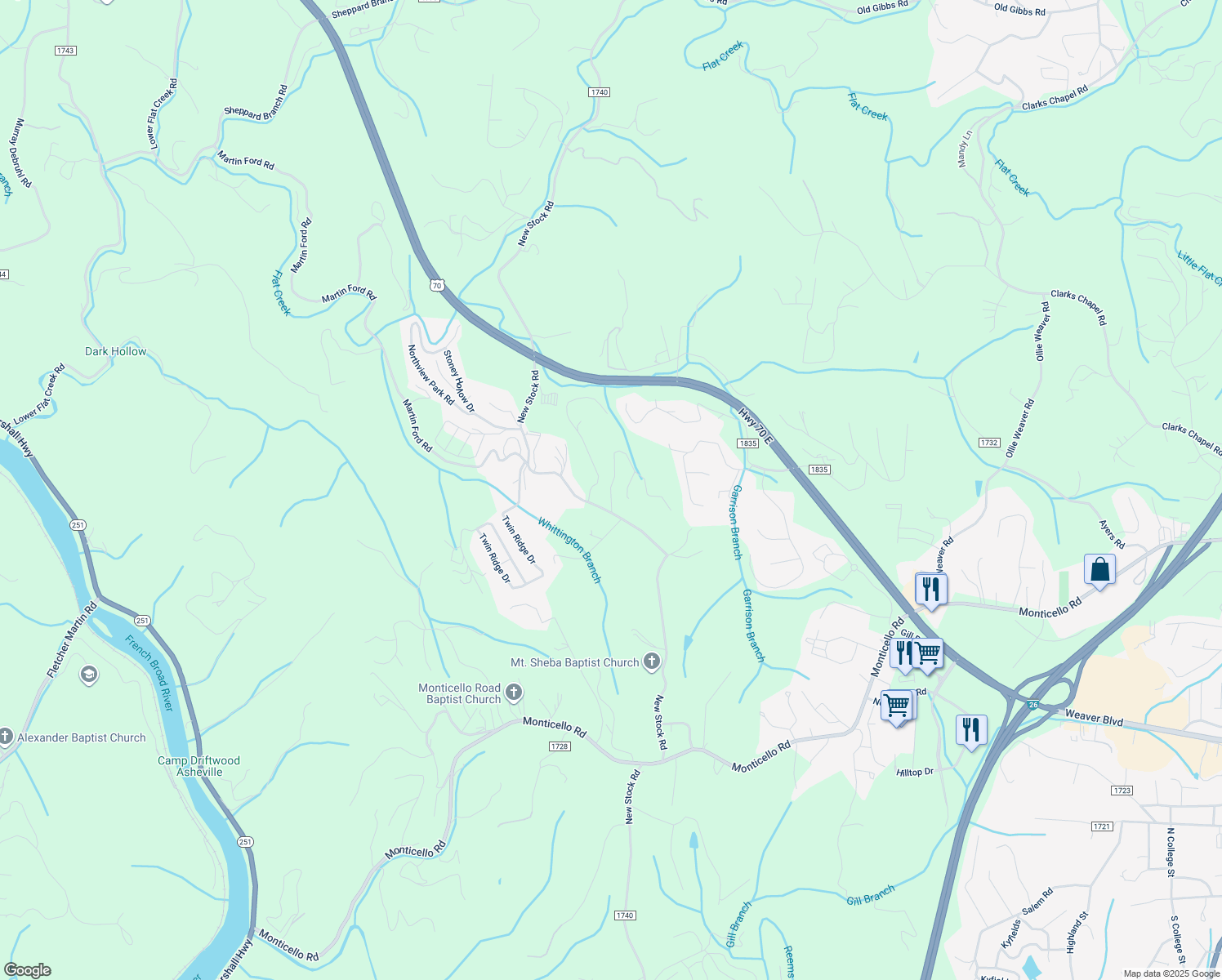 map of restaurants, bars, coffee shops, grocery stores, and more near 5 Nader Avenue in Weaverville