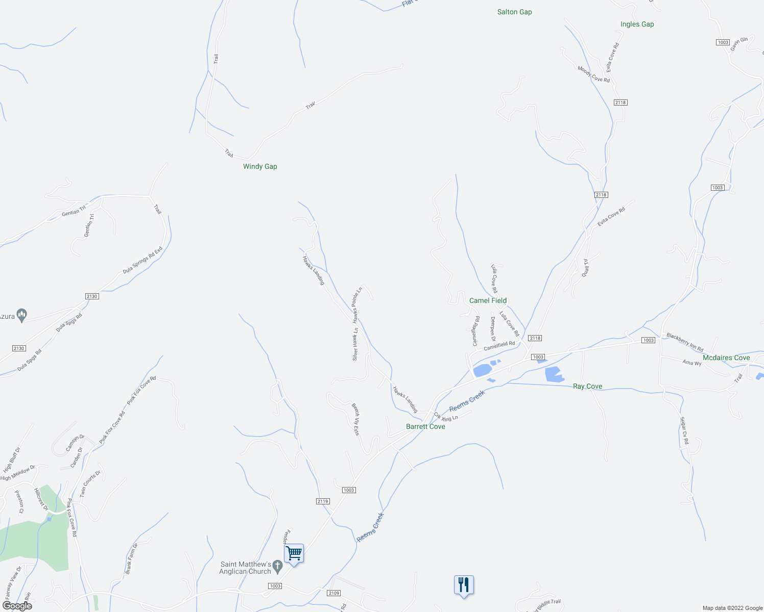 map of restaurants, bars, coffee shops, grocery stores, and more near 70 Hawks Pointe Lane in Weaverville