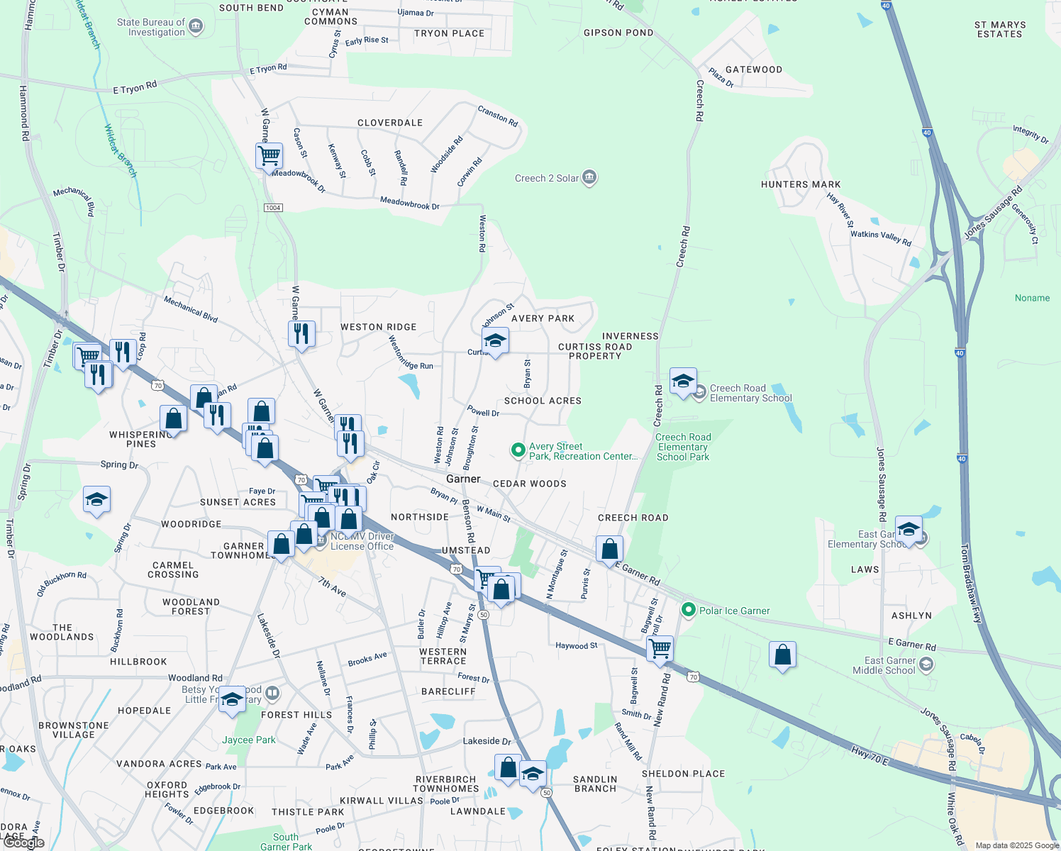 map of restaurants, bars, coffee shops, grocery stores, and more near 208 Avery Street in Garner