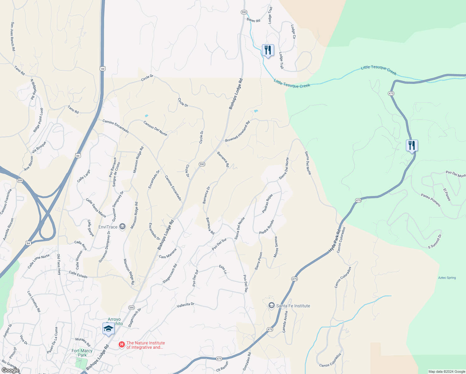 map of restaurants, bars, coffee shops, grocery stores, and more near 151 Barranca Road in Santa Fe