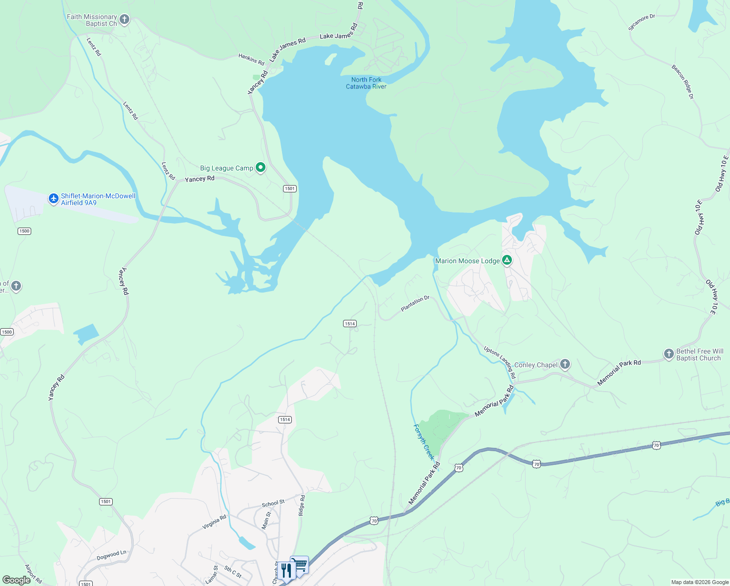 map of restaurants, bars, coffee shops, grocery stores, and more near 278 Lake Mountain View Drive in Marion