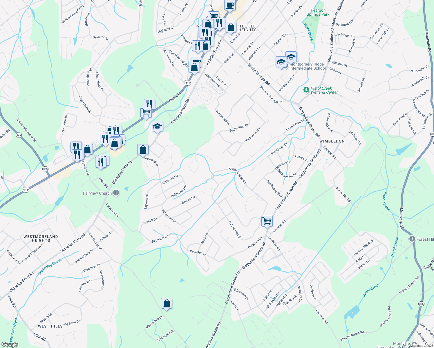 map of restaurants, bars, coffee shops, grocery stores, and more near 711 Oxford Hills Drive in Maryville